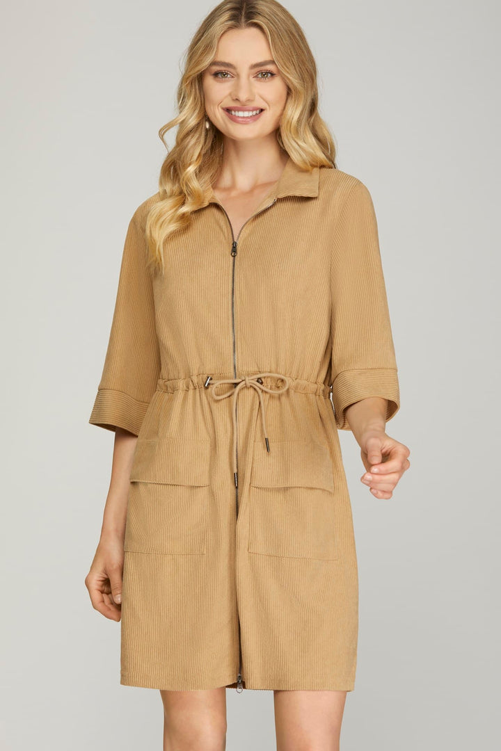 ZIP UP DRESS WITH POCKETS AND DRAW STRING WAIST