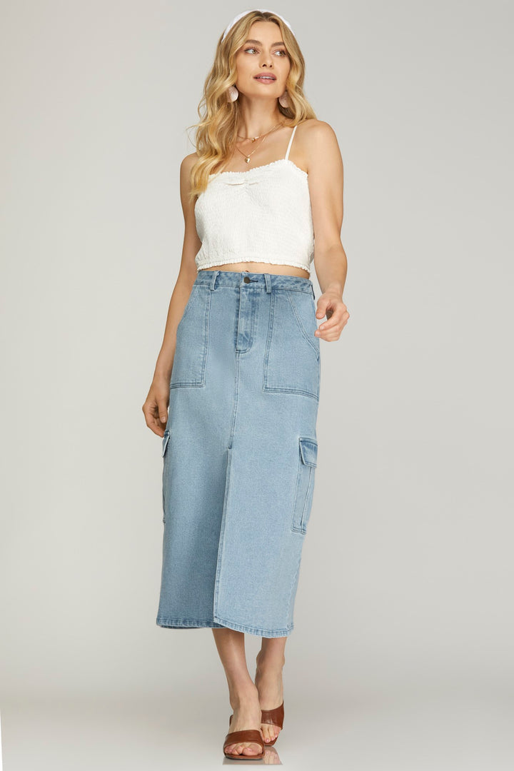 STRETCHED DENIM CARGO MIDI SKIRT WITH FRONT SLIT AND SIDE POCKETS