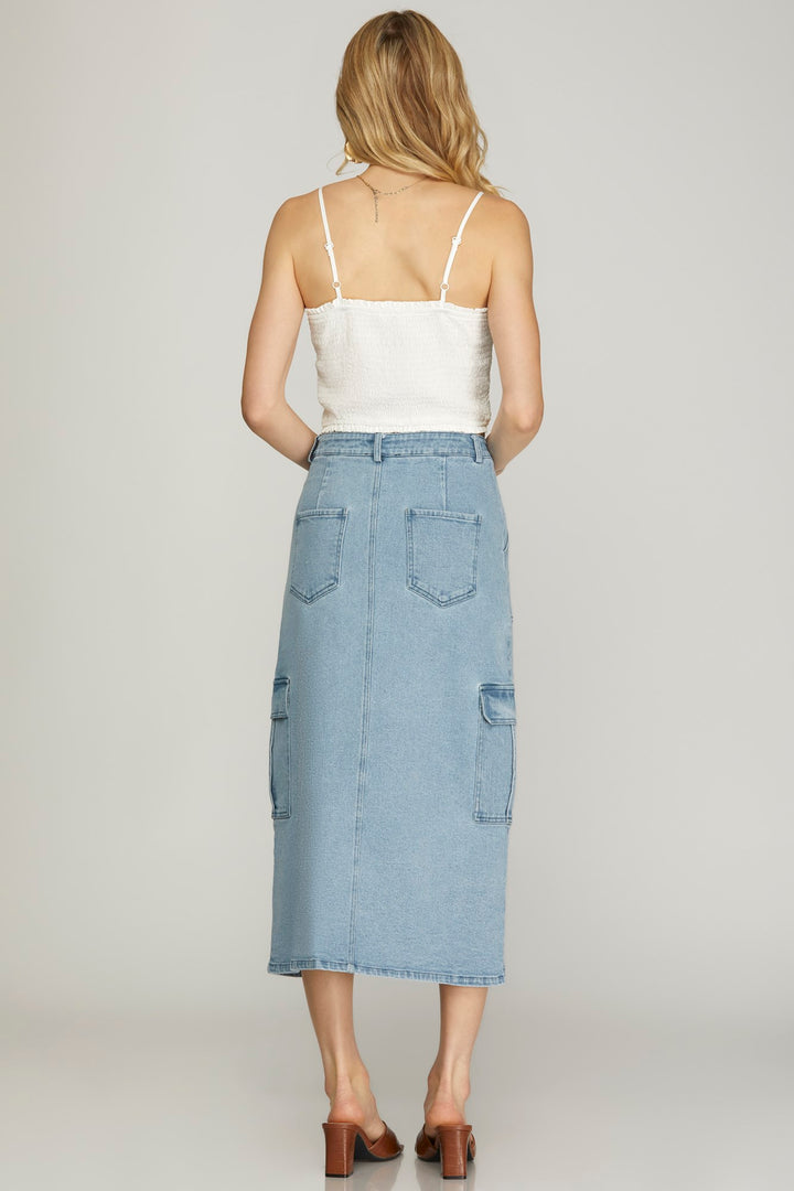 STRETCHED DENIM CARGO MIDI SKIRT WITH FRONT SLIT AND SIDE POCKETS