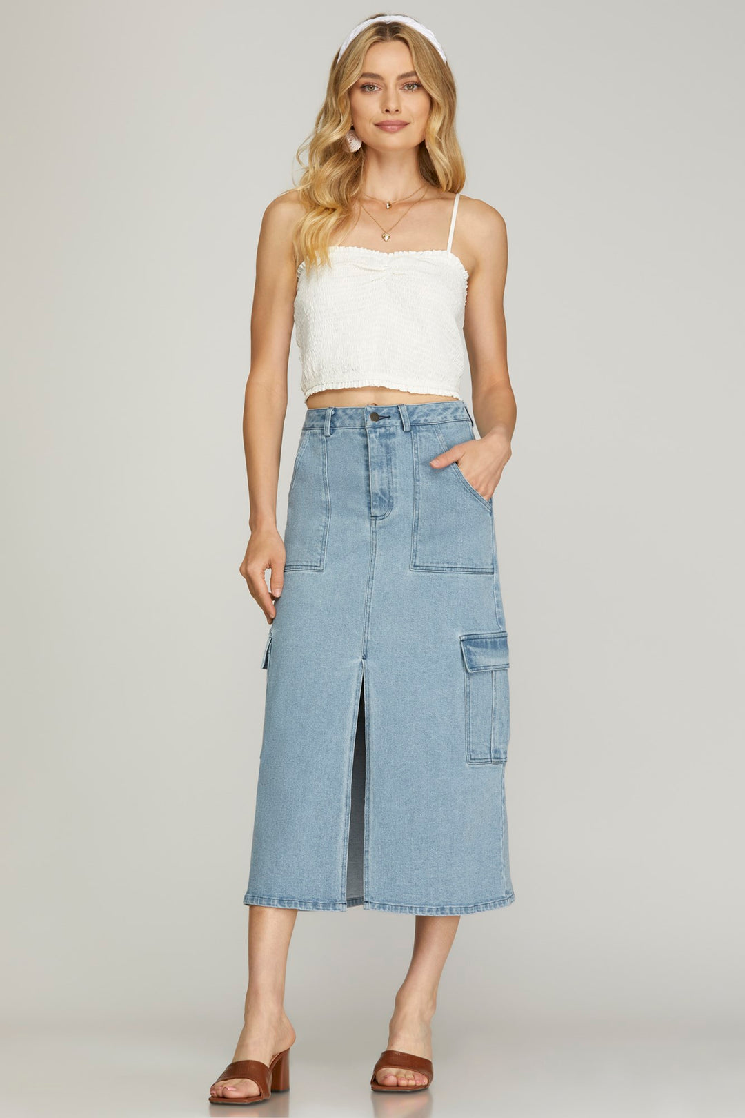 STRETCHED DENIM CARGO MIDI SKIRT WITH FRONT SLIT AND SIDE POCKETS