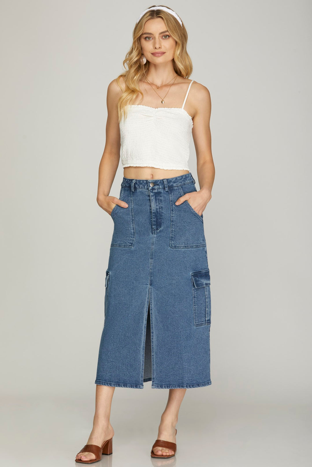 STRETCHED DENIM CARGO MIDI SKIRT WITH FRONT SLIT AND SIDE POCKETS