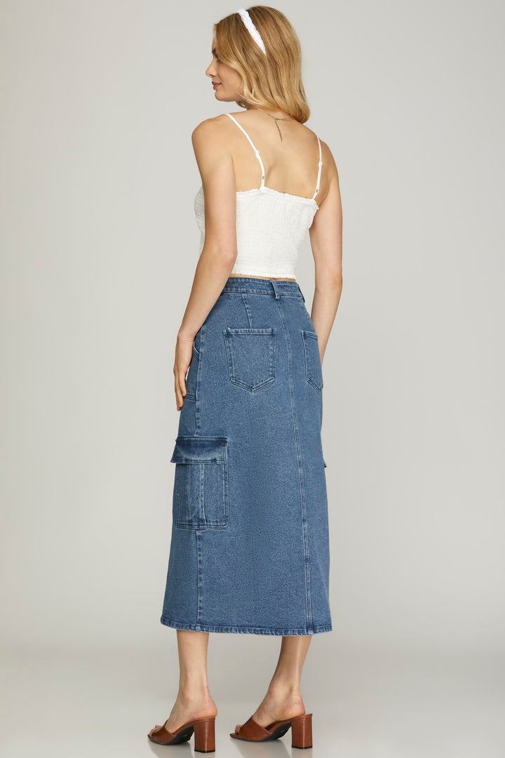 STRETCHED DENIM CARGO MIDI SKIRT WITH FRONT SLIT AND SIDE POCKETS