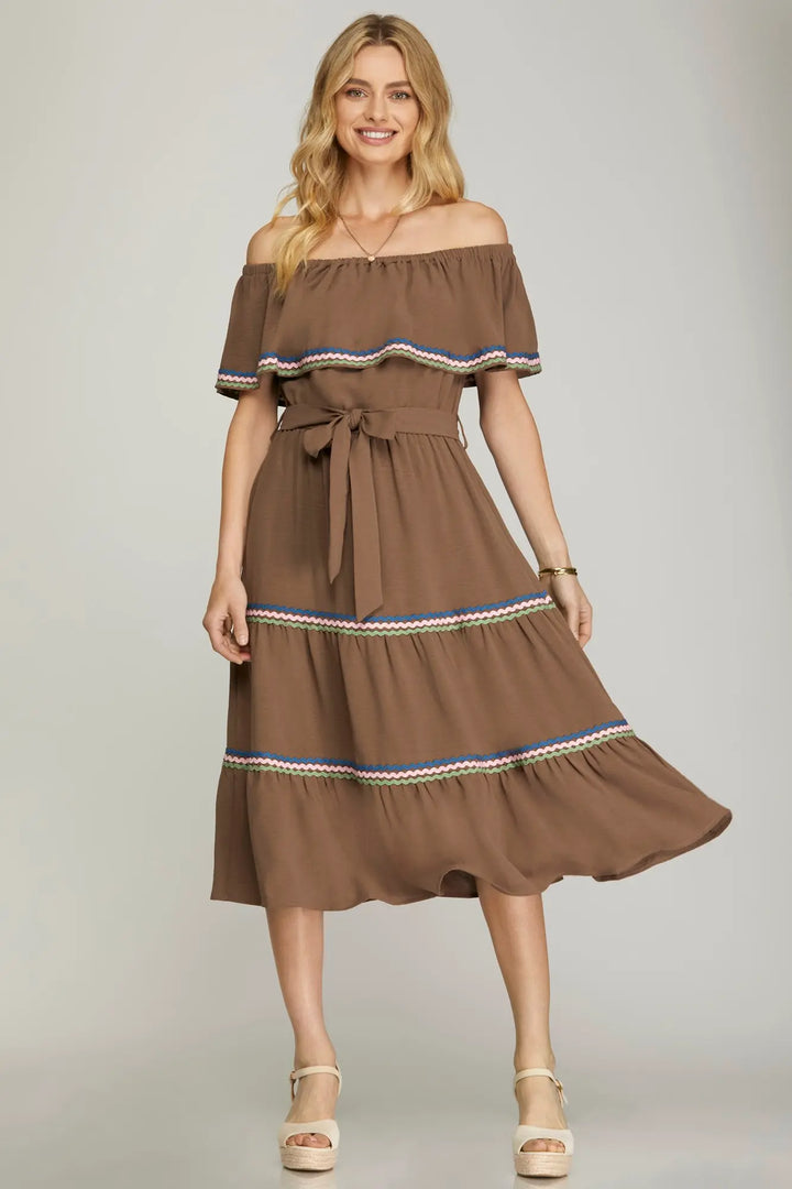 OFF SHOULDER MIDI TIERED WOVEN DRESS   SKSY7185