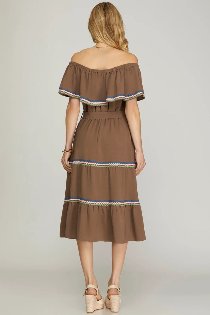 OFF SHOULDER MIDI TIERED WOVEN DRESS   SKSY7185