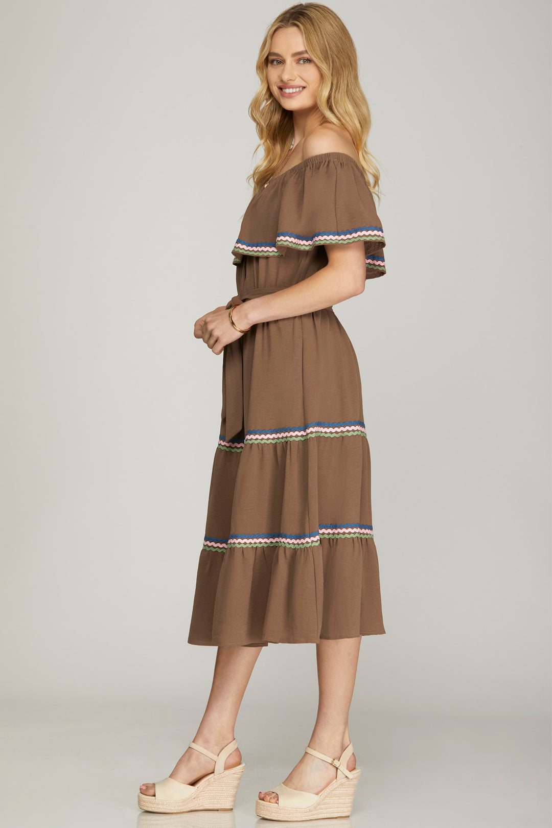 OFF SHOULDER MIDI TIERED WOVEN DRESS   SKSY7185