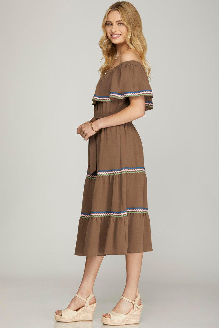 OFF SHOULDER MIDI TIERED WOVEN DRESS   SKSY7185
