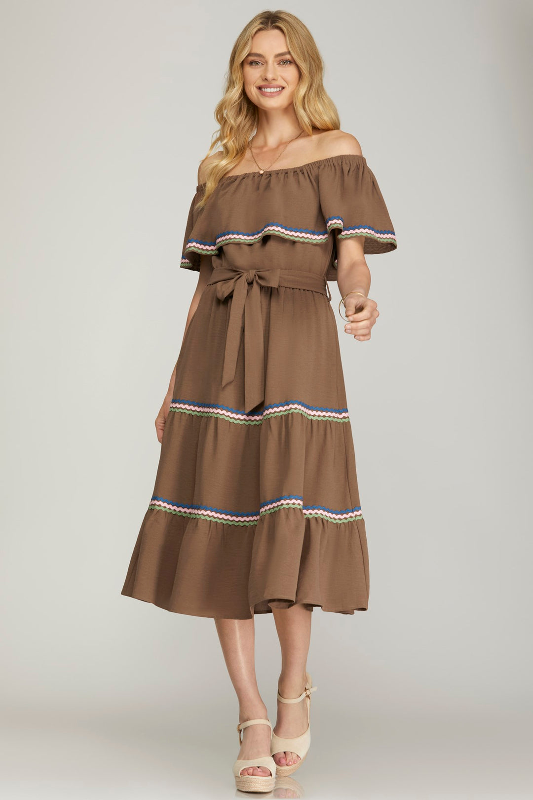 OFF SHOULDER MIDI TIERED WOVEN DRESS   SKSY7185