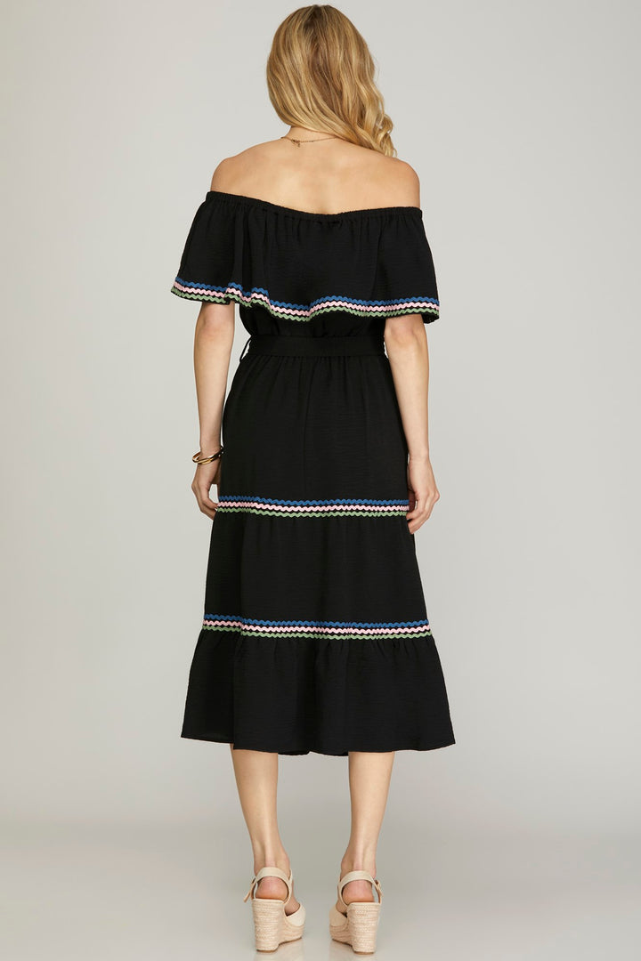 OFF SHOULDER MIDI TIERED WOVEN DRESS   SKSY7185