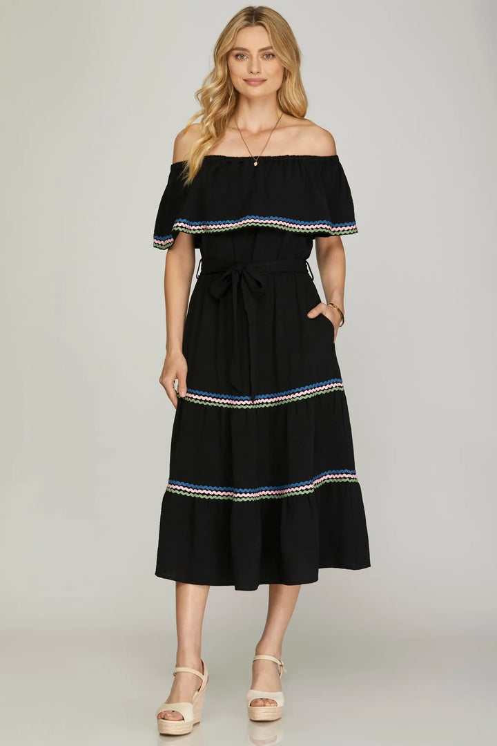 OFF SHOULDER MIDI TIERED WOVEN DRESS   SKSY7185