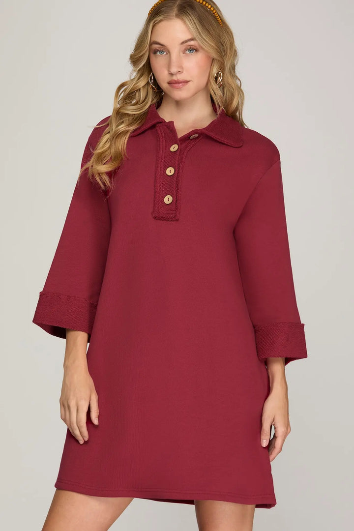 3/4 SLEEVE KNIT COLLARED DRESS SKSY7315