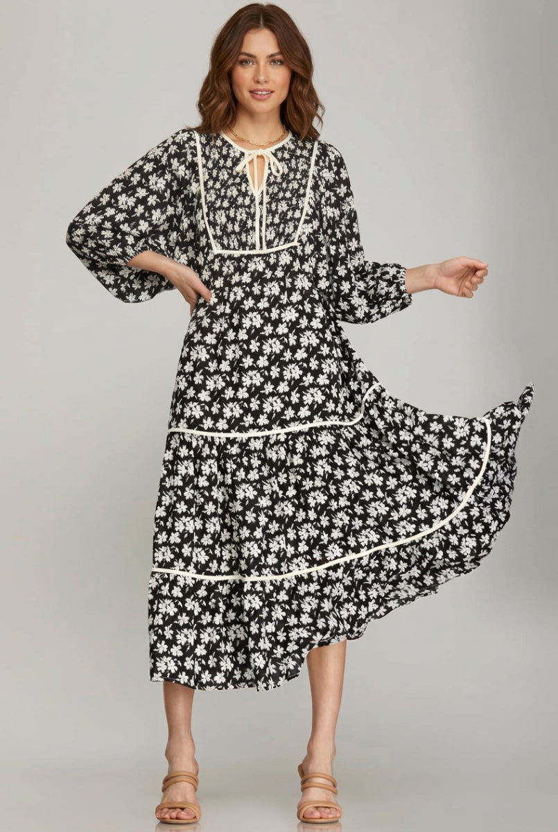 3/4 SLEEVE LOOSE BOHEMIAN PRINTED  MIDI DRESS-SKSY7261