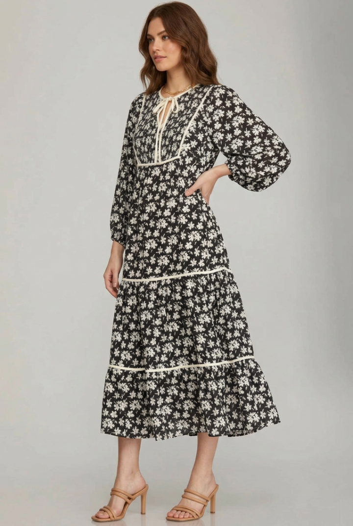 3/4 SLEEVE LOOSE BOHEMIAN PRINTED  MIDI DRESS-SKSY7261