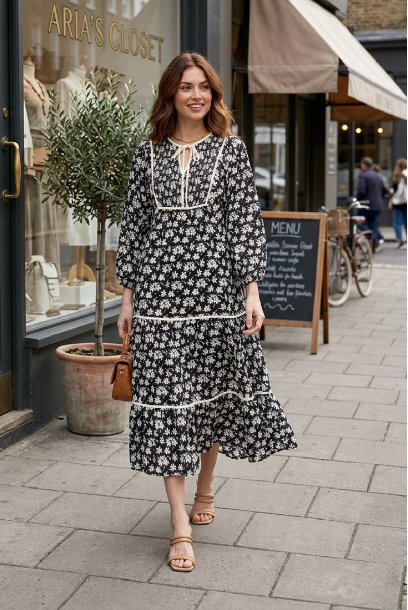 3/4 SLEEVE LOOSE BOHEMIAN PRINTED  MIDI DRESS-SKSY7261