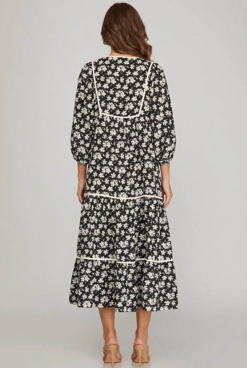 3/4 SLEEVE LOOSE BOHEMIAN PRINTED  MIDI DRESS-SKSY7261