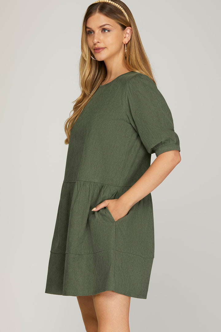 HALF SLEEVE WOVEN CORDUROY DRESS WITH SIDE POCKETS