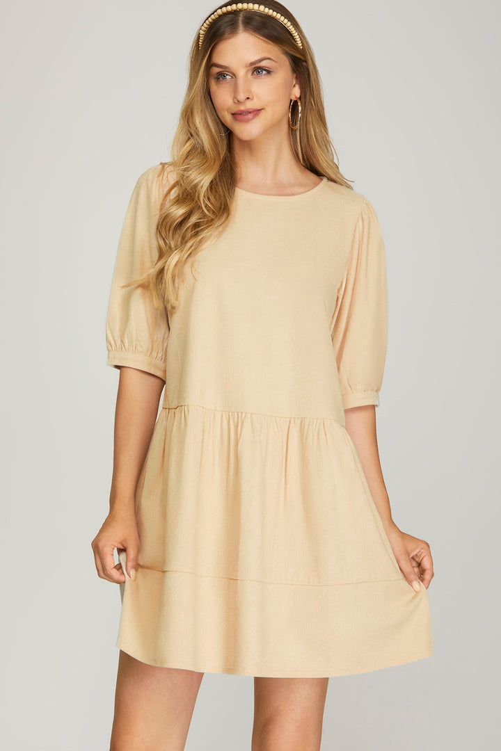 HALF SLEEVE WOVEN CORDUROY DRESS WITH SIDE POCKETS