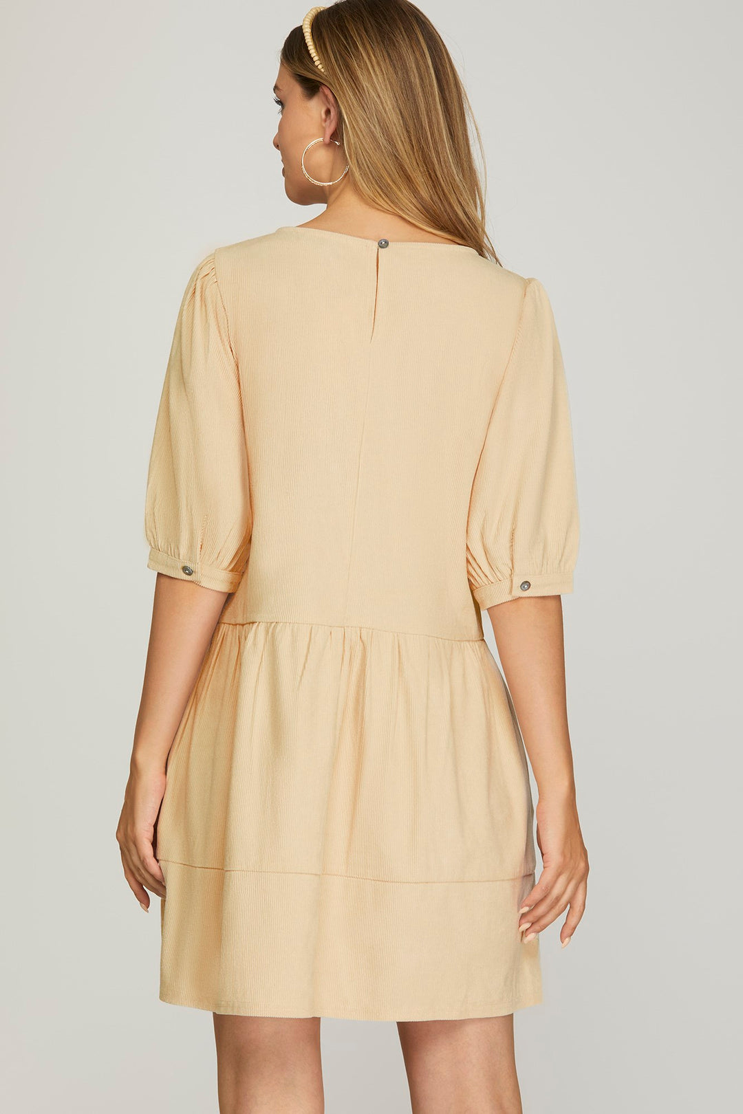HALF SLEEVE WOVEN CORDUROY DRESS WITH SIDE POCKETS