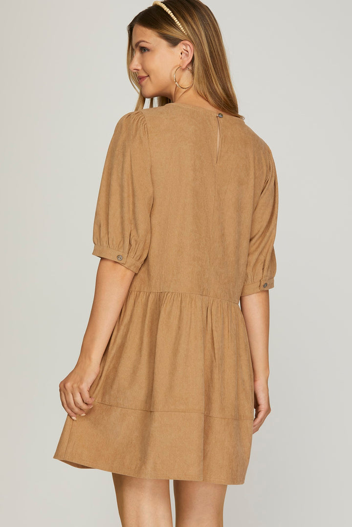 HALF SLEEVE WOVEN CORDUROY DRESS WITH SIDE POCKETS