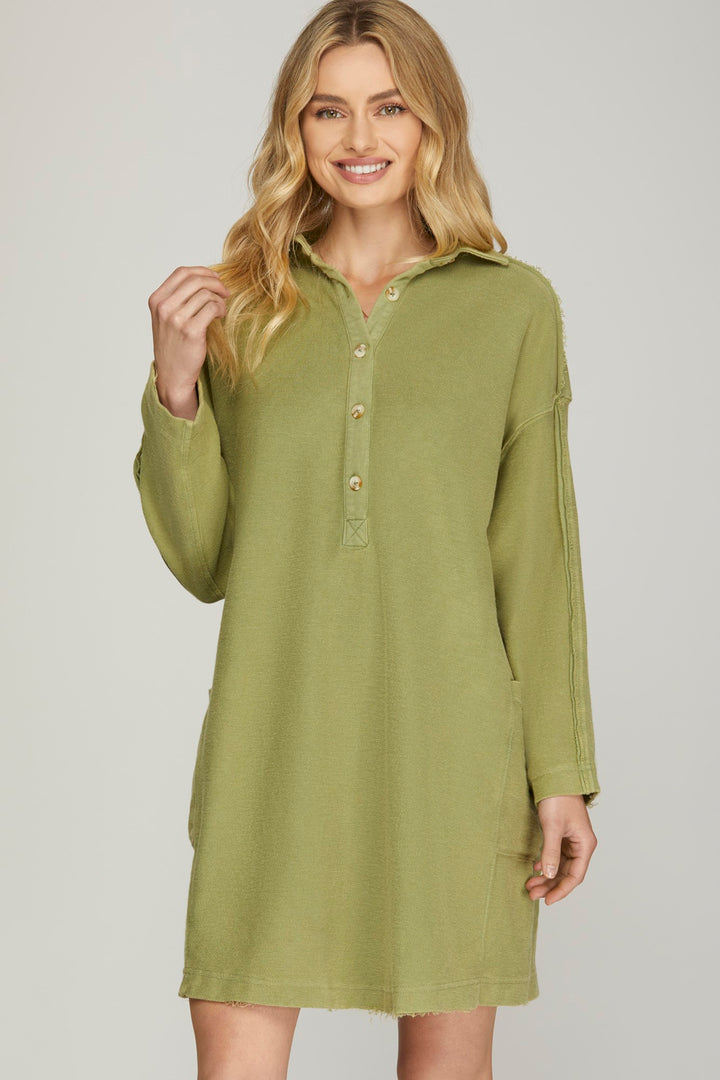 LONG SLEEVE COLLARED HALF BUTTON WASHED FRENCHTERRY DRESS WITH POCKETS
