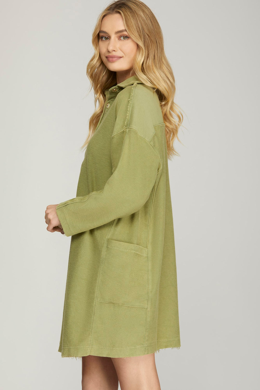 LONG SLEEVE COLLARED HALF BUTTON WASHED FRENCHTERRY DRESS WITH POCKETS