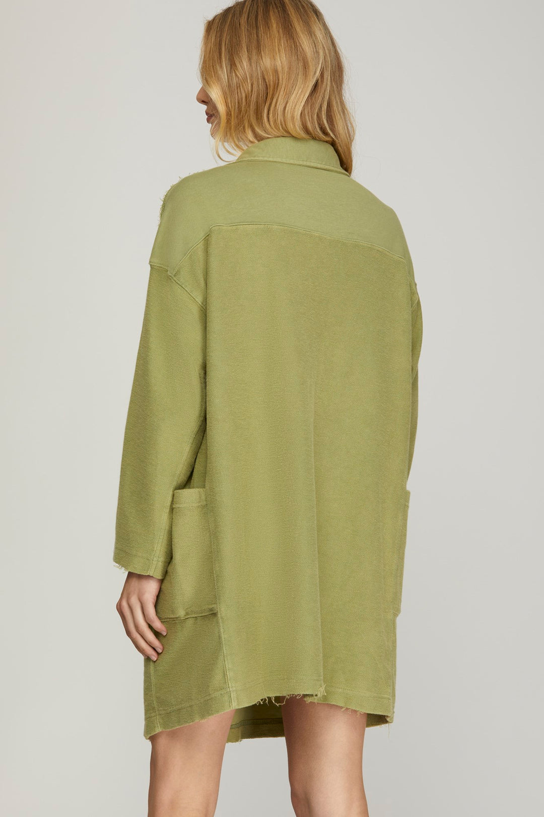 LONG SLEEVE COLLARED HALF BUTTON WASHED FRENCHTERRY DRESS WITH POCKETS