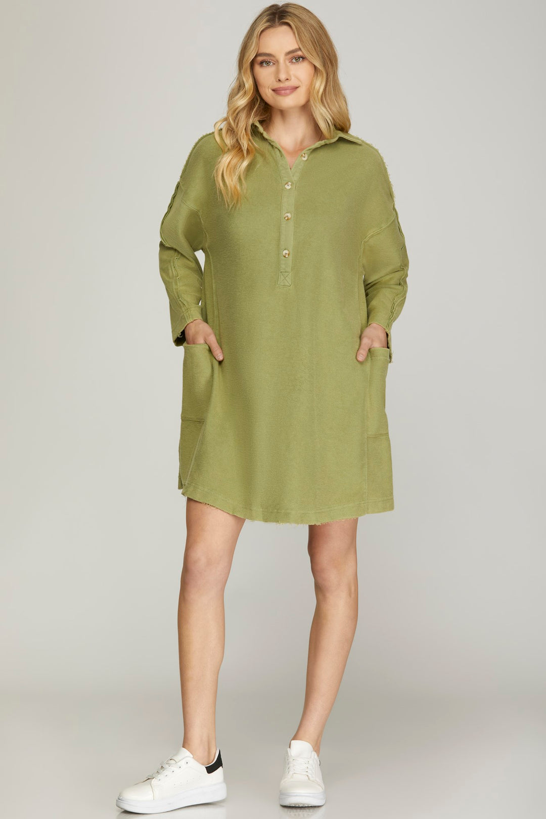 LONG SLEEVE COLLARED HALF BUTTON WASHED FRENCHTERRY DRESS WITH POCKETS