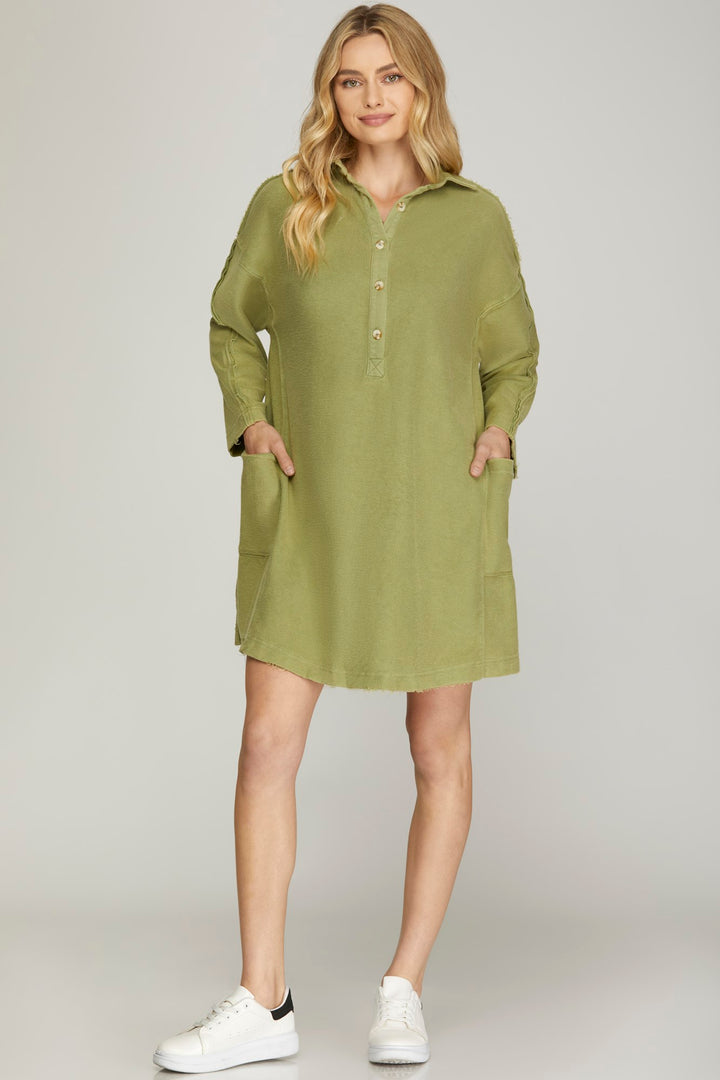 LONG SLEEVE COLLARED HALF BUTTON WASHED FRENCHTERRY DRESS WITH POCKETS