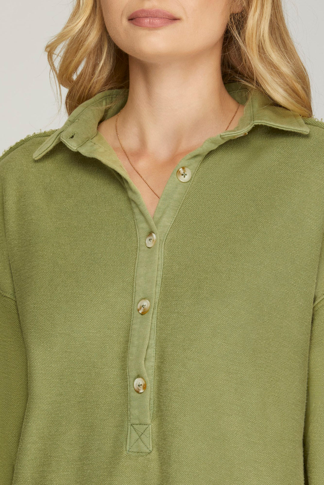 LONG SLEEVE COLLARED HALF BUTTON WASHED FRENCHTERRY DRESS WITH POCKETS