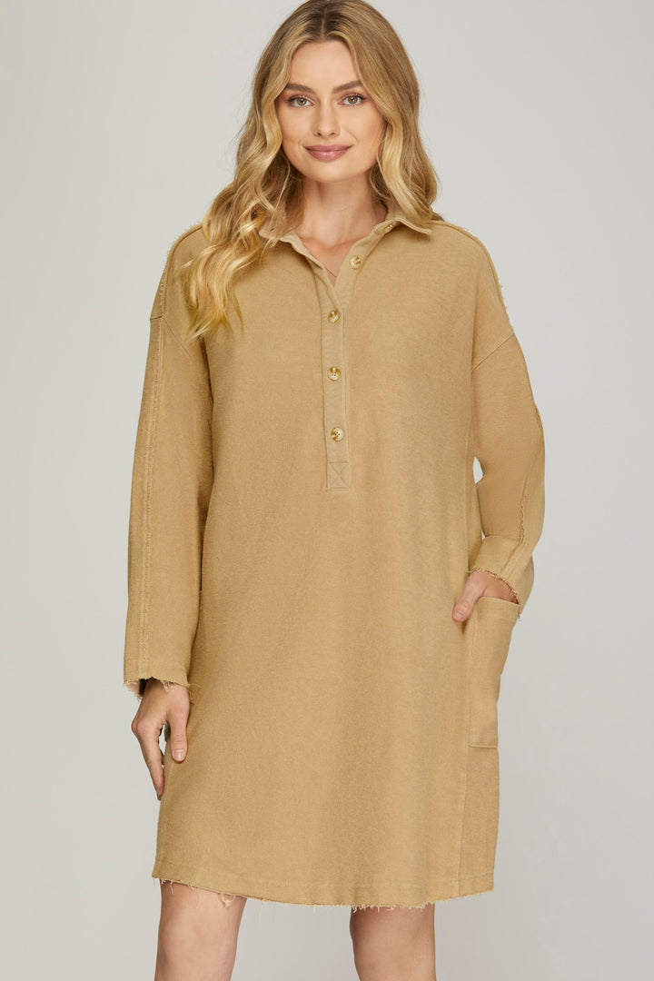 LONG SLEEVE COLLARED HALF BUTTON WASHED FRENCHTERRY DRESS WITH POCKETS
