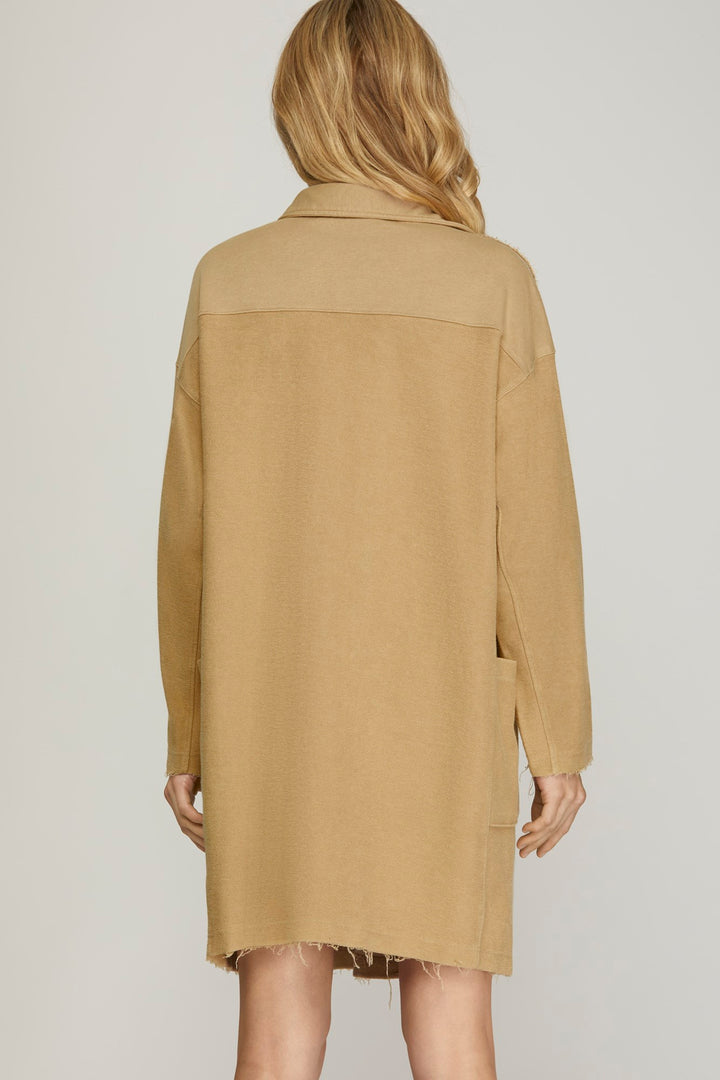 LONG SLEEVE COLLARED HALF BUTTON WASHED FRENCHTERRY DRESS WITH POCKETS