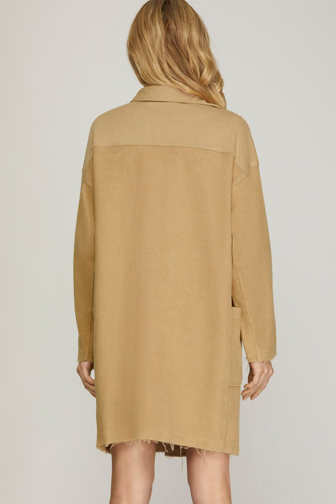 LONG SLEEVE COLLARED HALF BUTTON WASHED FRENCHTERRY DRESS-SKSY7320