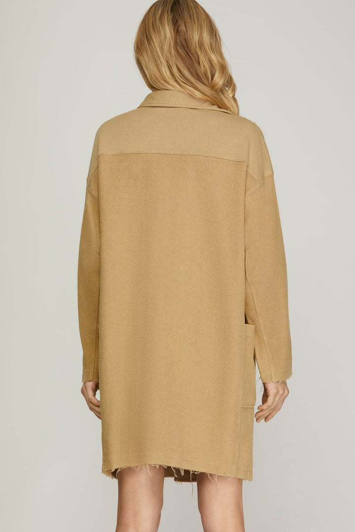 LONG SLEEVE COLLARED HALF BUTTON WASHED FRENCHTERRY DRESS-SKSY7320