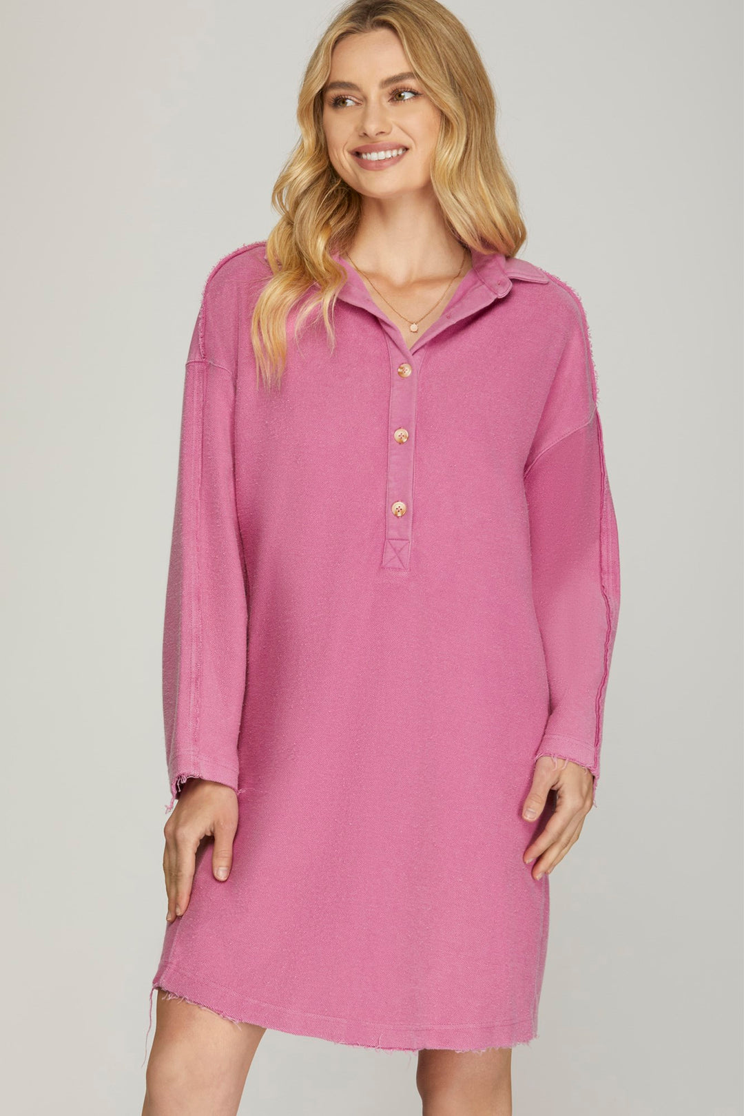 LONG SLEEVE COLLARED HALF BUTTON WASHED FRENCHTERRY DRESS WITH POCKETS