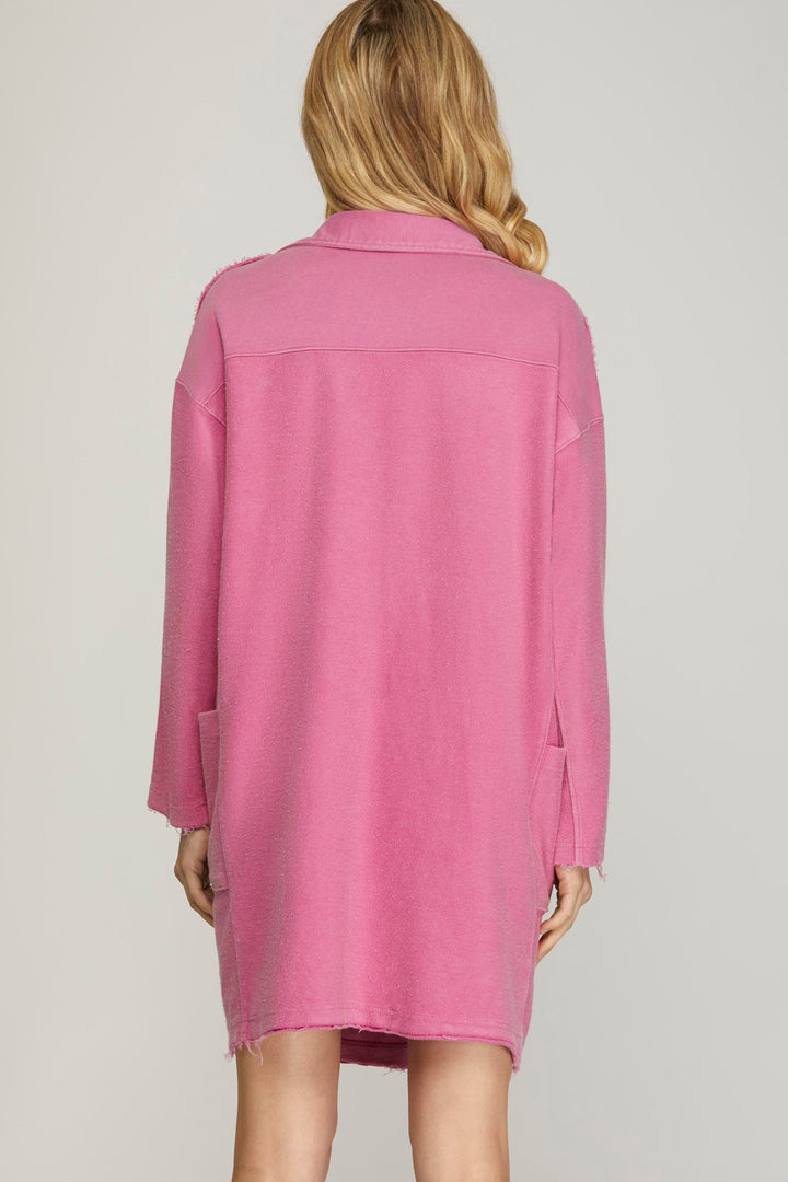 LONG SLEEVE COLLARED HALF BUTTON WASHED FRENCHTERRY DRESS WITH POCKETS