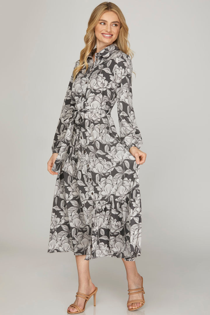 LONG SLEEVE WOVEN PRINT COLLARED SHIRT TIERED MIDI DRESS WITH WAIST TIE AND SIDE POCKETS