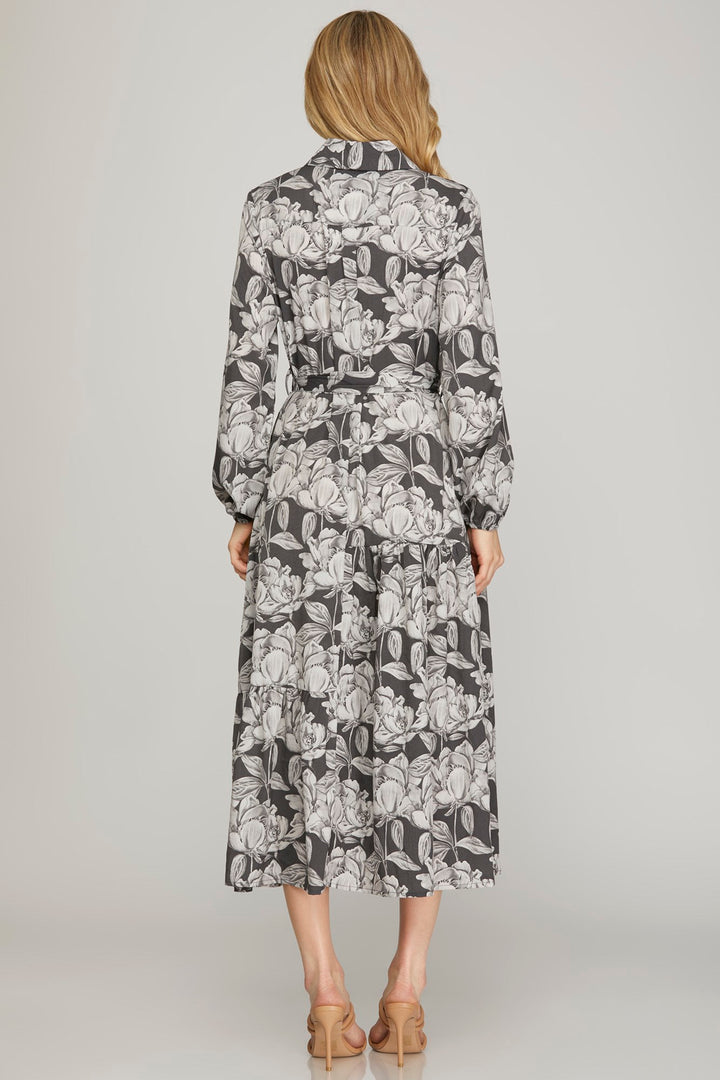 LONG SLEEVE WOVEN PRINT COLLARED SHIRT TIERED MIDI DRESS WITH WAIST TIE AND SIDE POCKETS