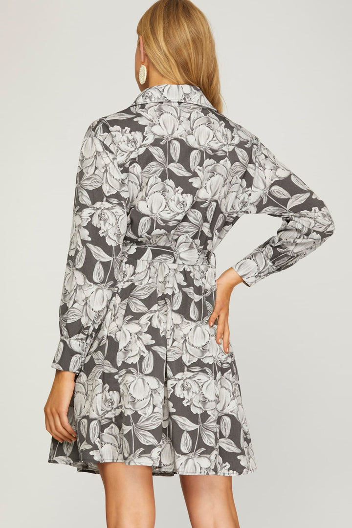 LONG CUFF SLEEVE WOVEN PRINT SHIRT DRESS-SKSY7367