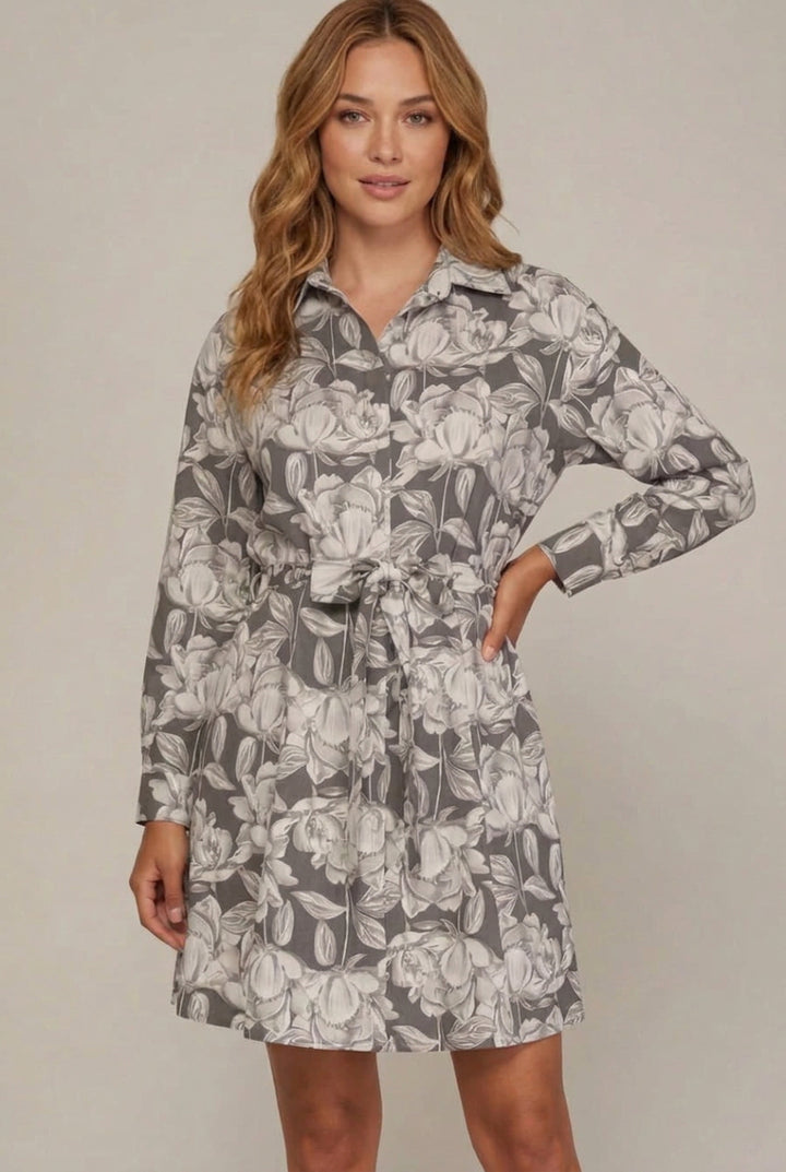 LONG CUFF SLEEVE WOVEN PRINT SHIRT DRESS-SKSY7367