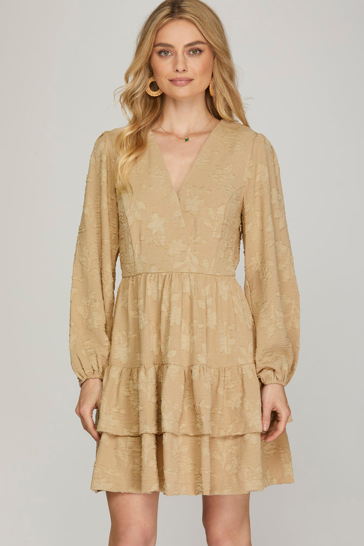 LONG SLEEVE WOVEN FLORAL PATTERN SURPLICE TIERED DRESS