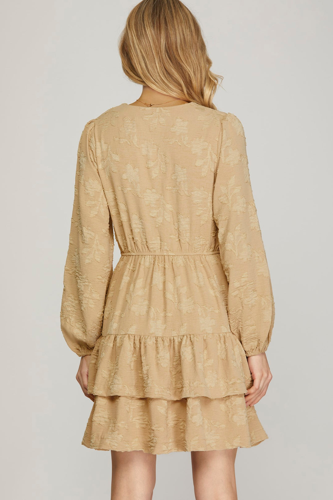 LONG SLEEVE WOVEN FLORAL PATTERN SURPLICE TIERED DRESS