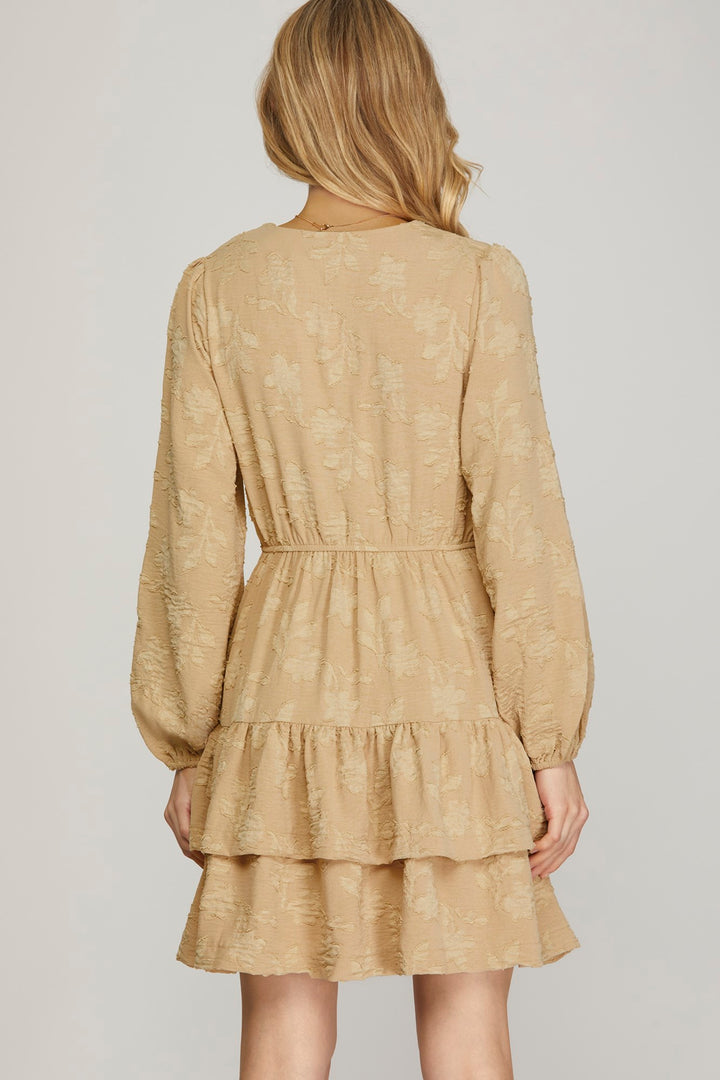 LONG SLEEVE WOVEN FLORAL PATTERN SURPLICE TIERED DRESS