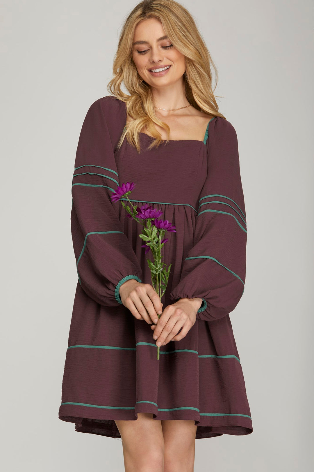 LONG SLEEVE WOVEN DRESS WITH CONTRAST BINDING DETAIL WITH SIDE POCKETS