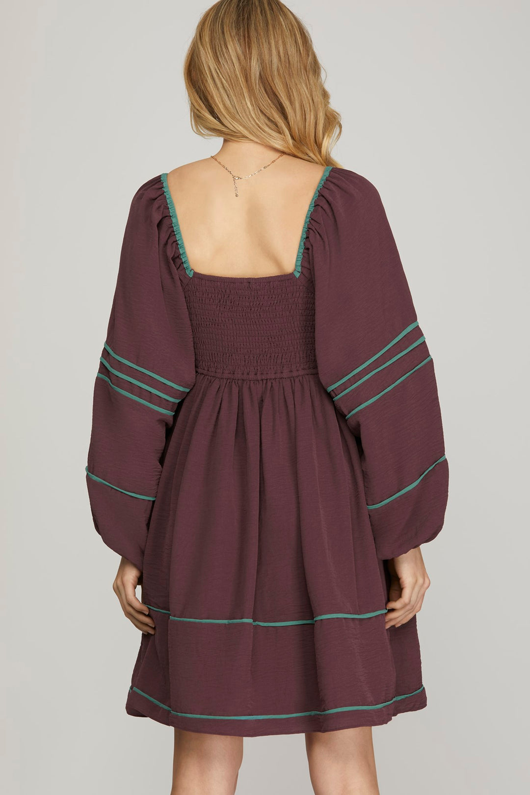 LONG SLEEVE WOVEN DRESS WITH CONTRAST BINDING DETAIL WITH SIDE POCKETS