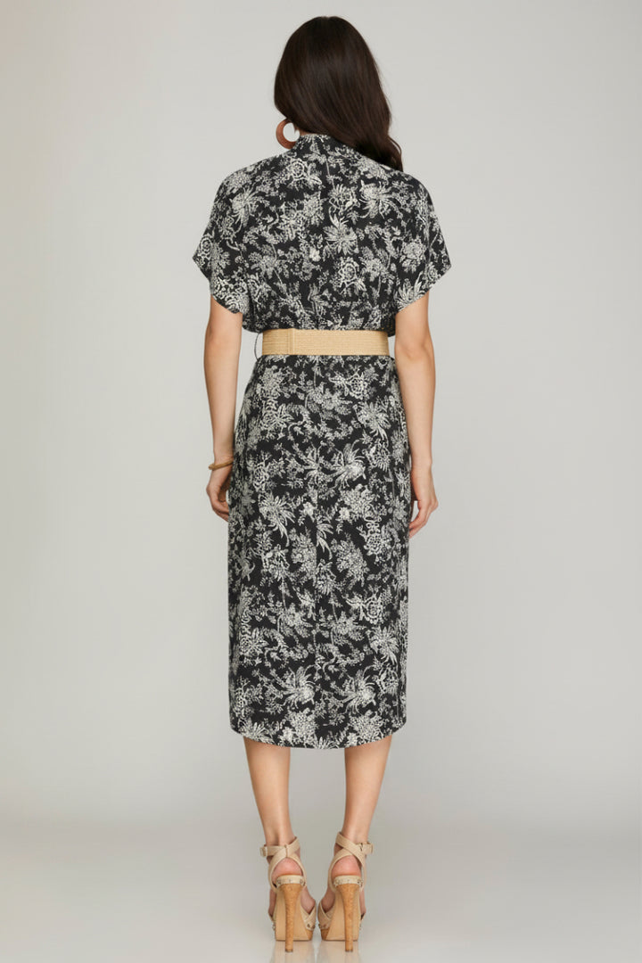 DROP SHOULDER BUTTON DOWN PRINTED MIDI DRESS