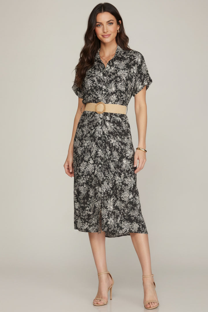 DROP SHOULDER BUTTON DOWN PRINTED MIDI DRESS
