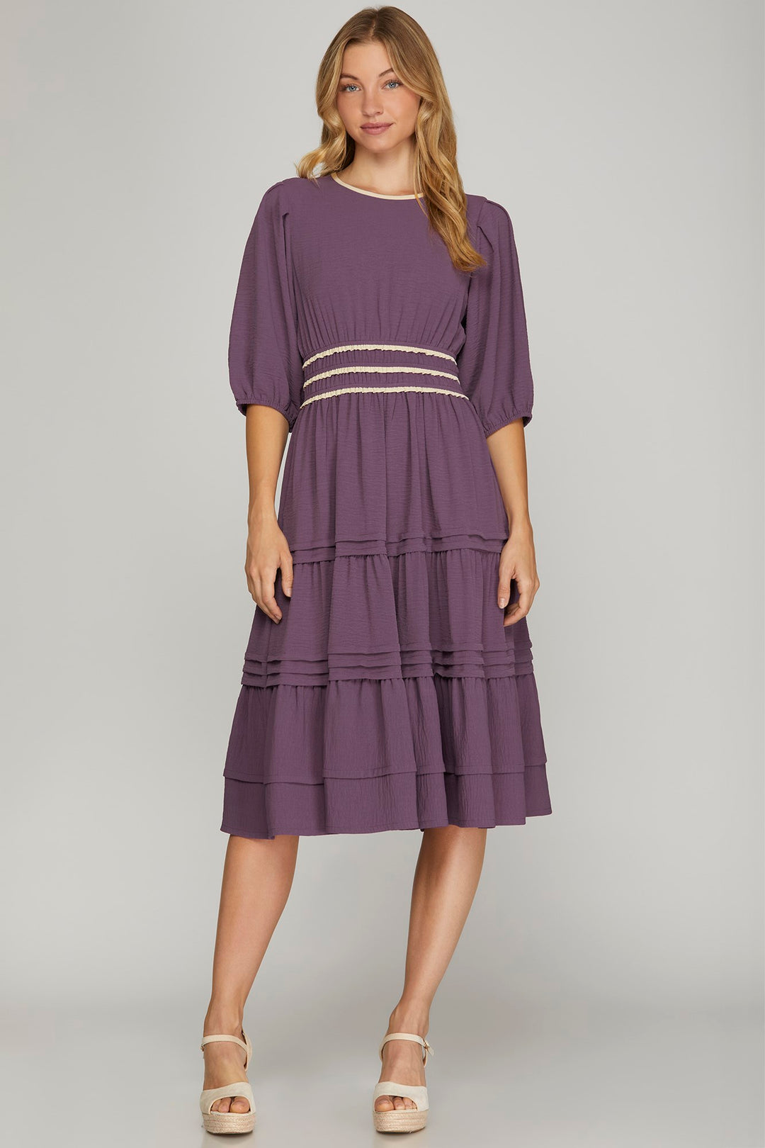 PUFF SLEEVE WAIST CONTRAST ELASTIC PINTUCK TIERED WOVEN MIDI DRESS WITH POCKETS