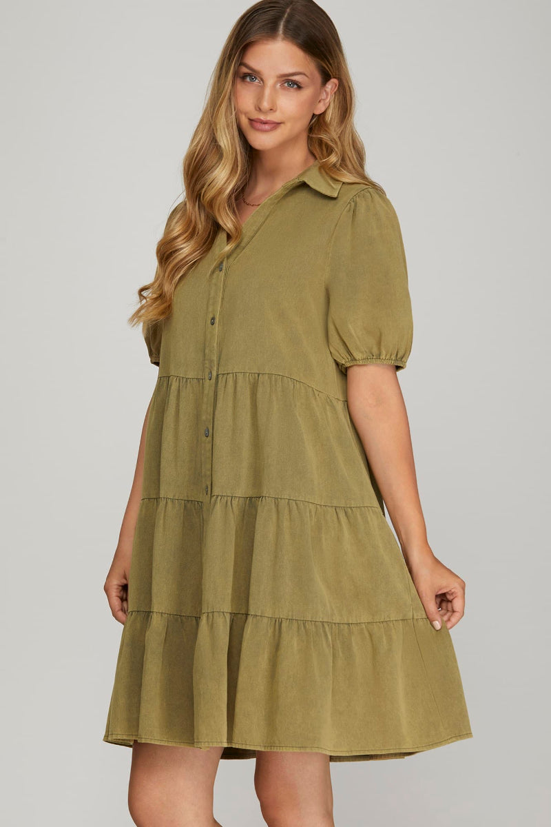 BUTTON DOWN TIERED WASHED WOVEN DRESS-SKSY7190