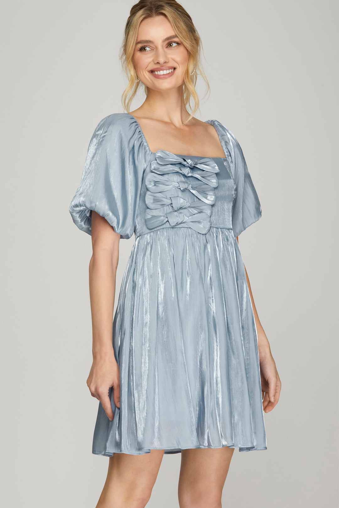 BUBBLE SLEEVE SHINY WOVEN DRESS-SKSY7418