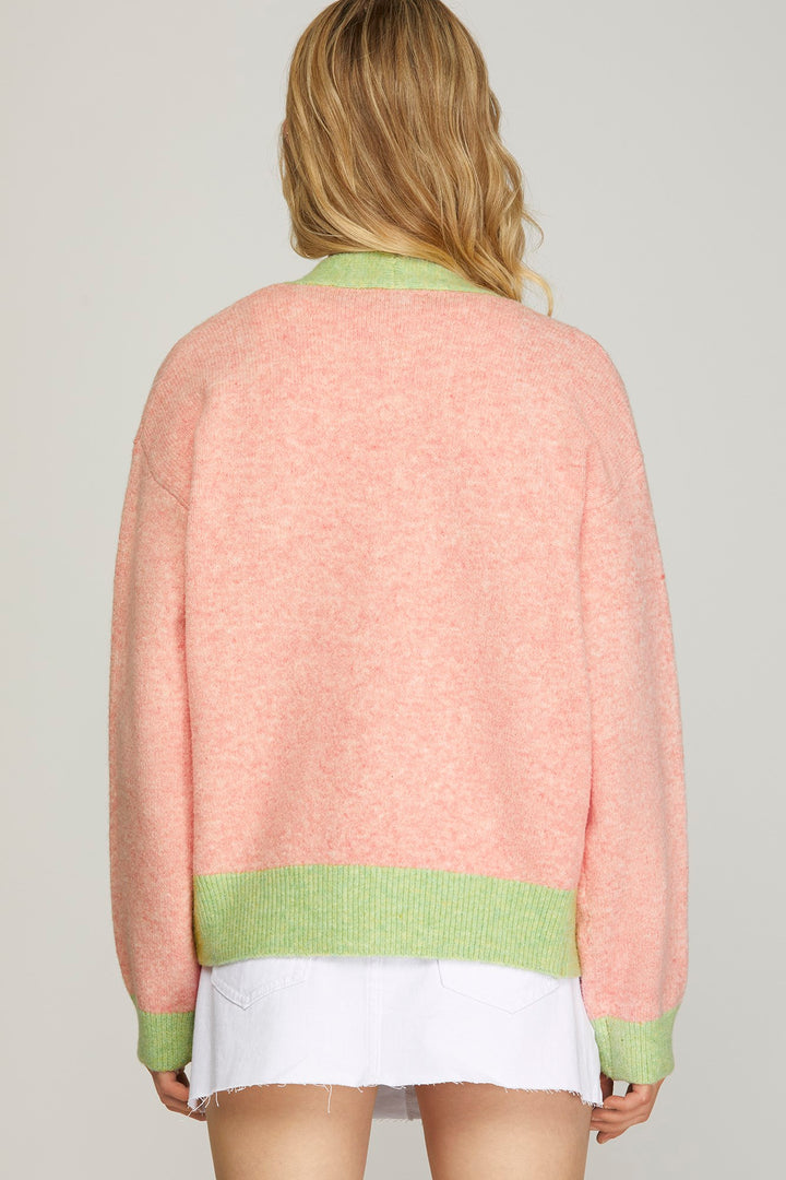 V NECK COLOR CONTRAST KNITTED SWEATER CARDIGAN