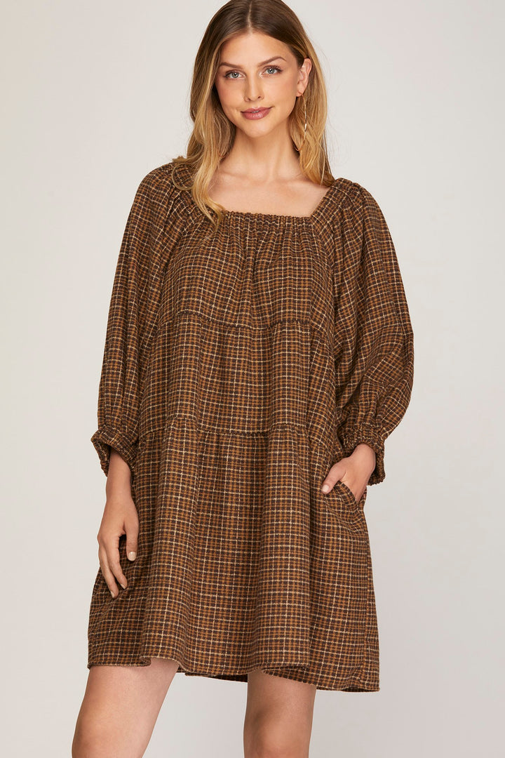 3/4 SLEEVE WOVEN PLAID TIERED DRESS WITH SIDE POCKETS